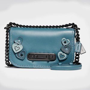 Coach $350 Swagger Shoulder Bag Hearts Applique Blue Leather Purse Crossbody